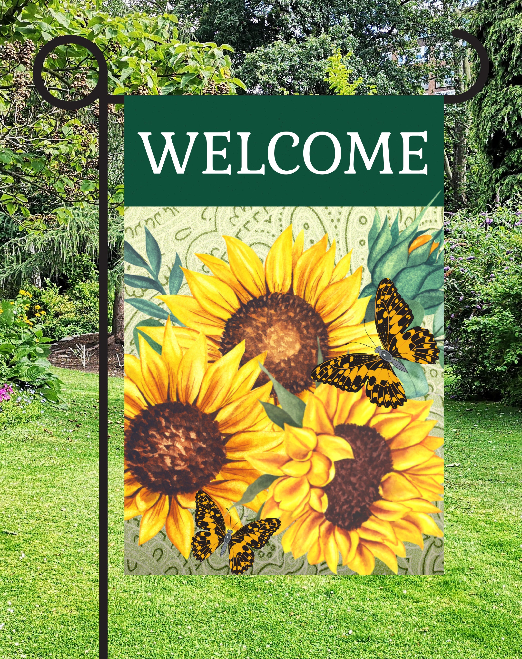 Welcome Sunflower & Butterfly Print Shop Garden Flag  - UV Printed For Outdoor Yard Decor
