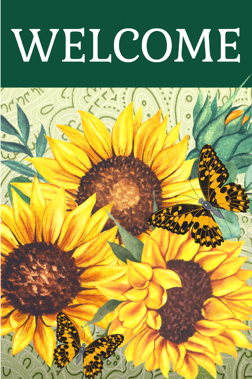 Welcome Sunflower & Butterfly Print Shop Garden Flag  - UV Printed For Outdoor Yard Decor