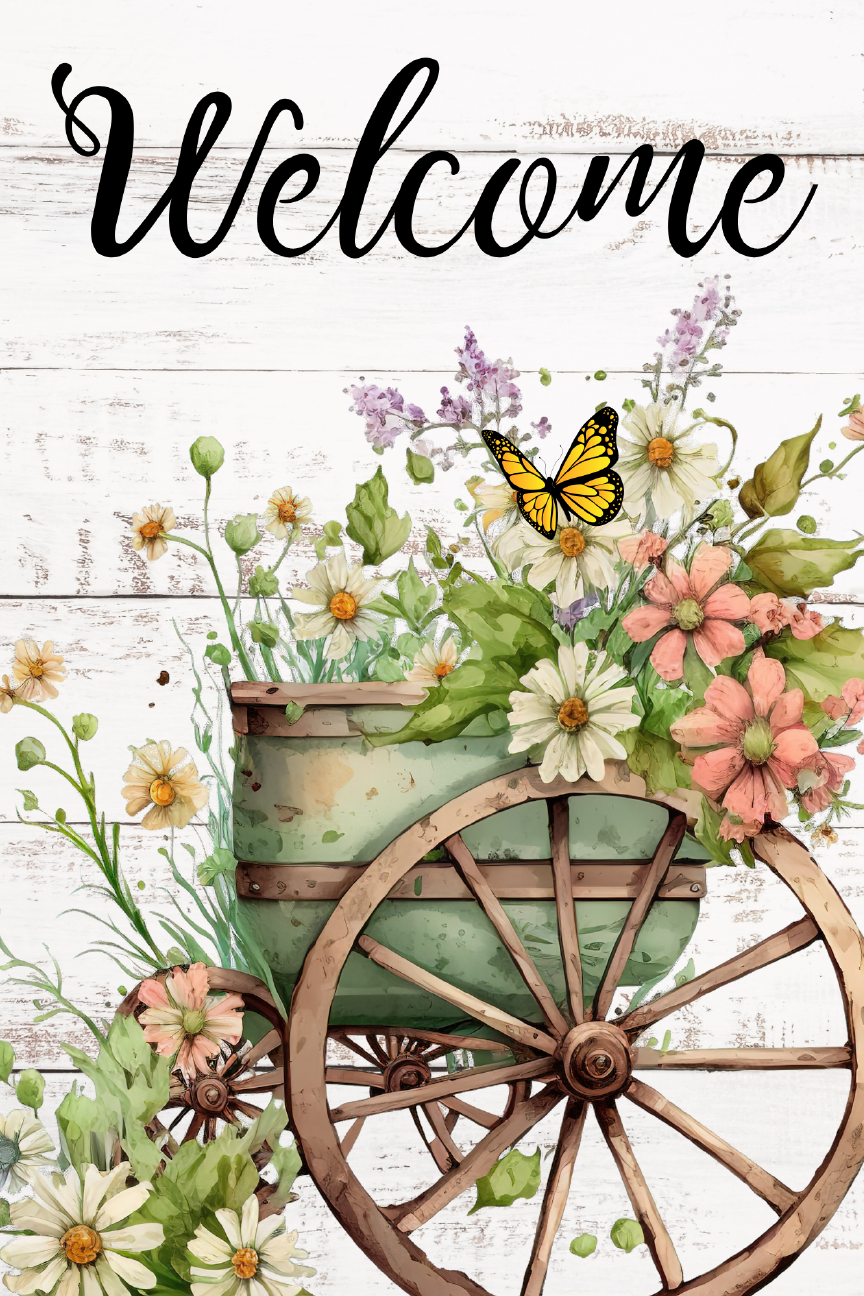 Welcome Floral Wagon Print Shop Garden Flag  - UV Printed For Outdoor Yard Decor