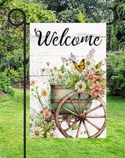 Welcome Floral Wagon Print Shop Garden Flag  - UV Printed For Outdoor Yard Decor