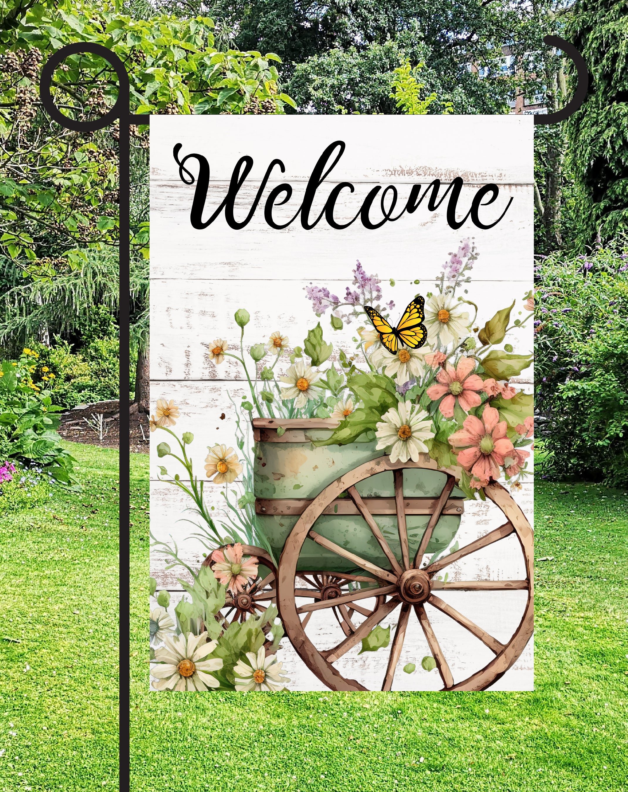 Welcome Floral Wagon Print Shop Garden Flag  - UV Printed For Outdoor Yard Decor