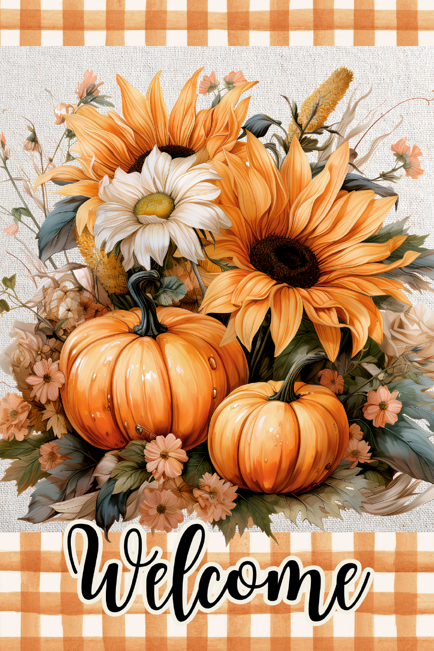 Welcome Pumpkin & Sunflower Print Shop Garden Flag  - UV Printed For Outdoor Yard Decor
