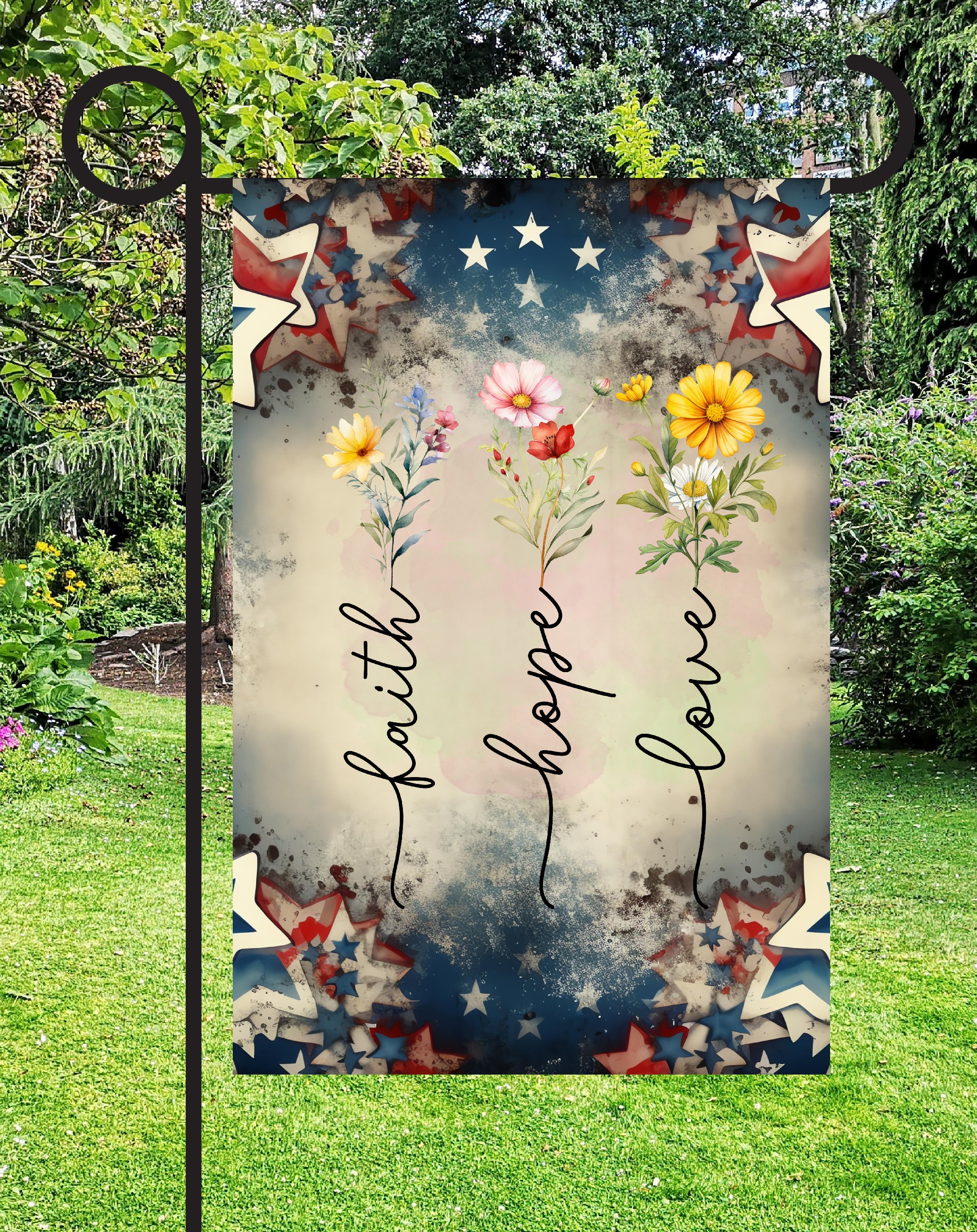 Faith, Hope & Love, Double-Sided , 12x18 Inch Weather-Resistant Vinyl, UV Printed for Outdoor Yard Decor