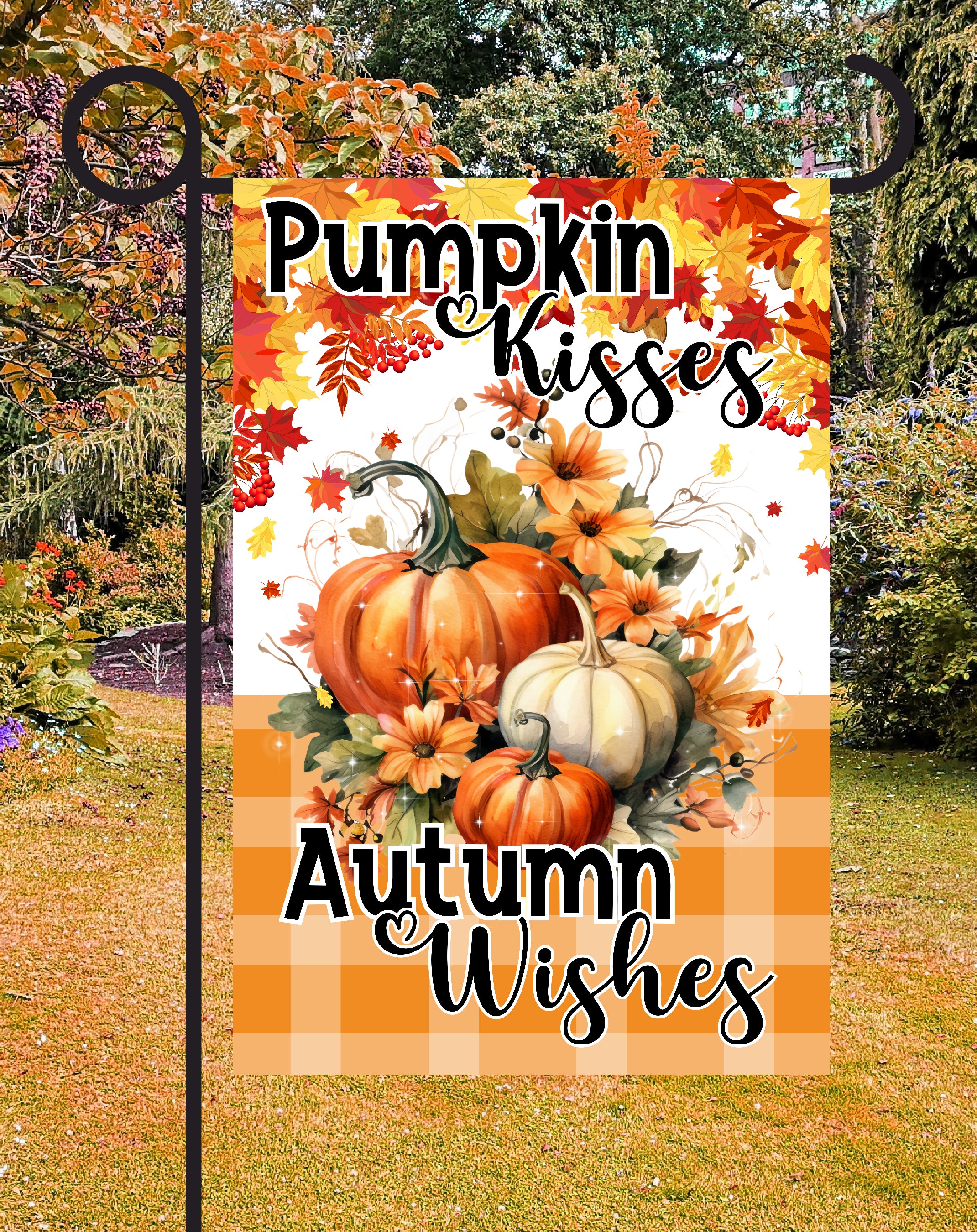 Pumpkin Kisses, Double-Sided , 12x18 Inch Weather-Resistant Vinyl, UV Printed for Outdoor Yard Decor