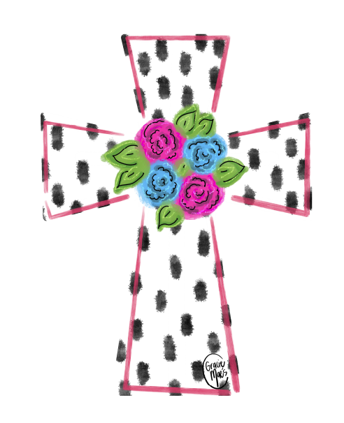 GRACIE MAE GIFTS WHITE CROSS WITH BLACK DOTS AND FLOWERS