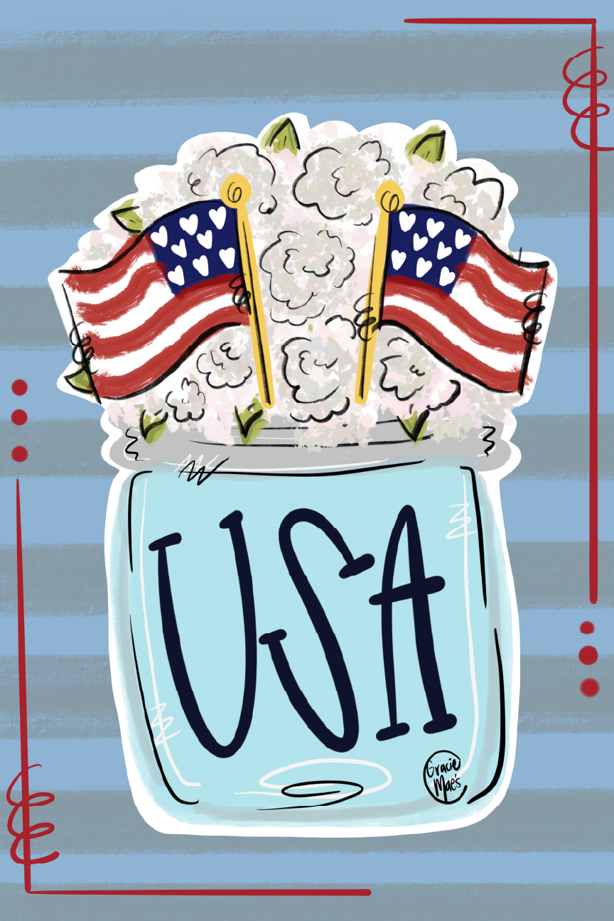 GRACIE MAE GIFTS USA JAR WITH 2 FLAGS AND FLOWERS