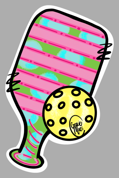 GRACIE MAE GIFTS YELLOW PICKLE BALL WITH HOLES AND PINK AND GREEN PADDLE