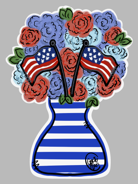 GRACIE MAE GIFTS BLUE AND WHITE VASE WITH BLUE RED FLOWERS