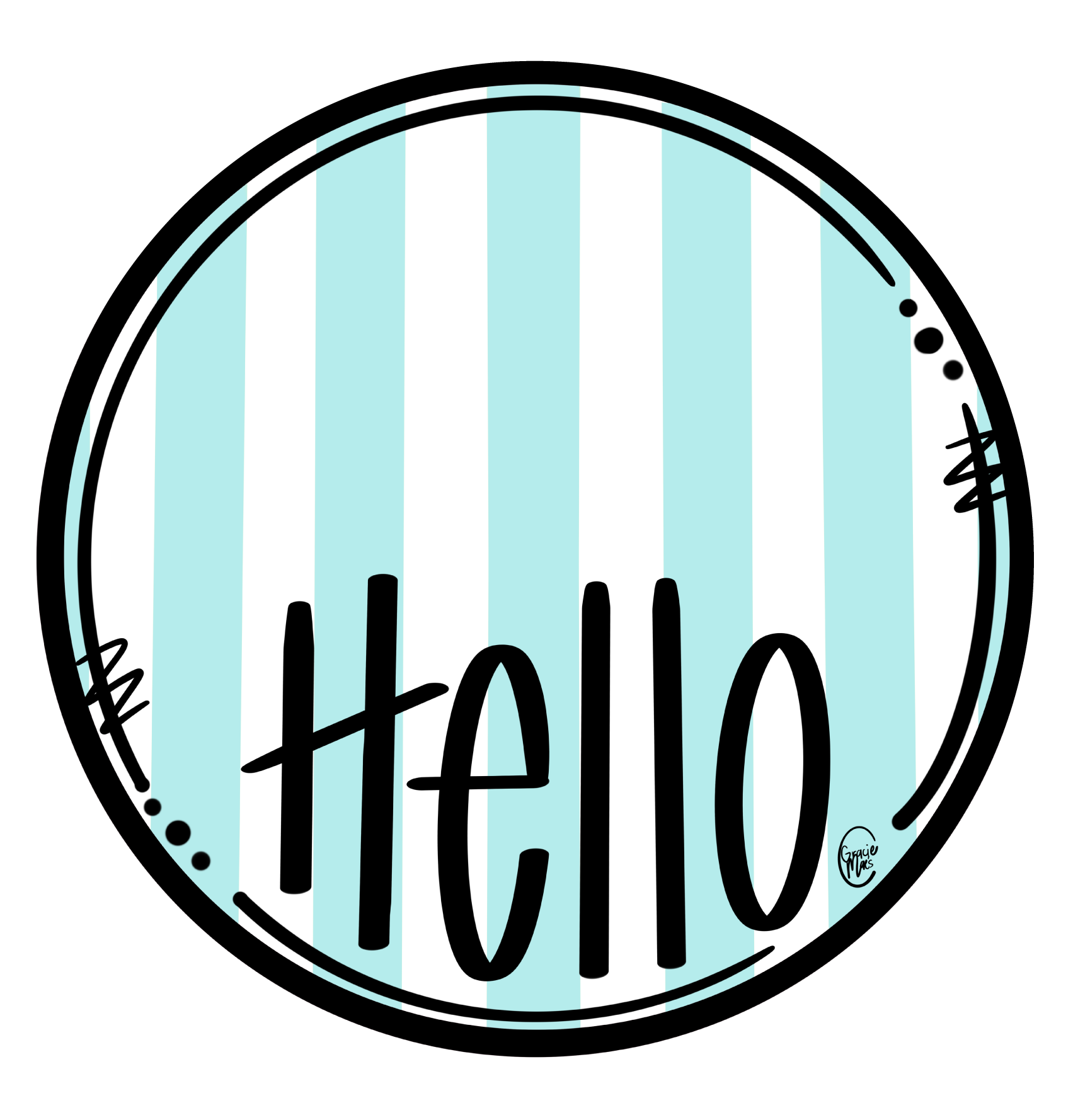 GRACIE MAE GIFTS ROUND LIGHT BLUE AND WHITE STRIPE BLACK HELLO