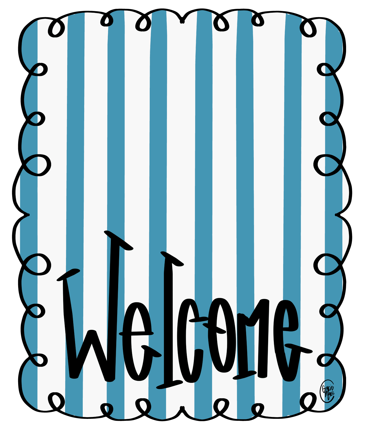 GRACIE MAE GIFTS   RECTANGLE BLUE AND WHITE STRIPE BLACK HELLO