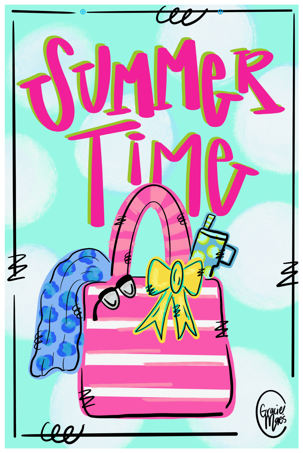 GRACIE MAE GIFTS LIGHT GREEN  BACKGROUND  PINK SUMMER TIME PINK WHITE BAG WITH YELLOW BOW