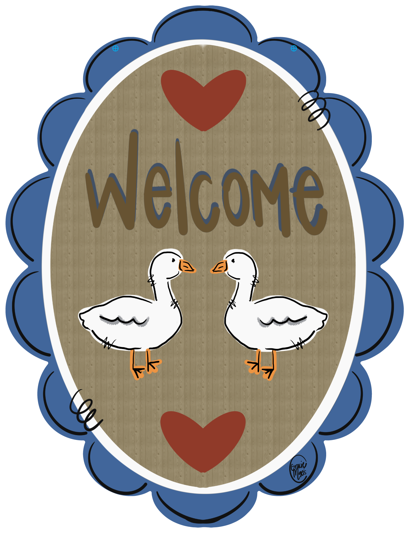 GRACIE MAE GIFTS BLUE SCALLOP EDGE TWO WHITE DUCKS TWO RED HEARTS AND WELCOME