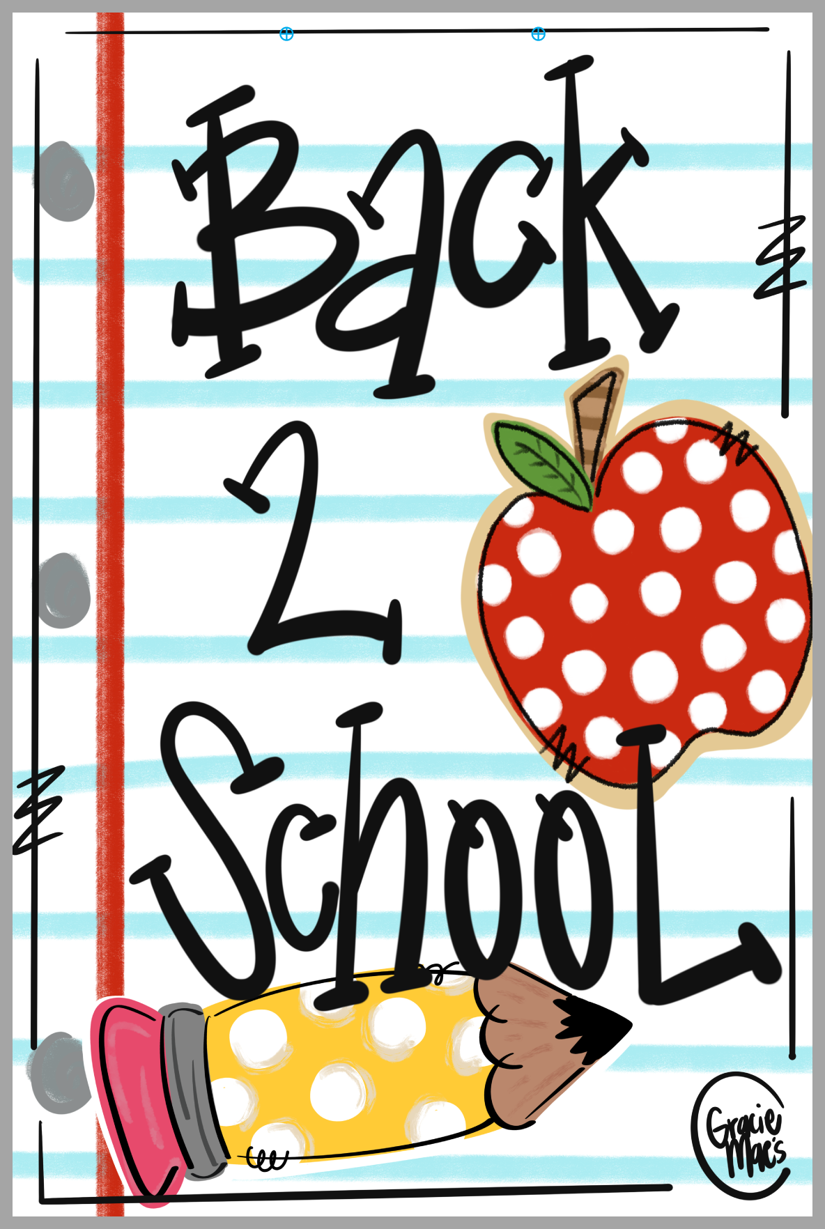 GRACIE MAE GIFTS BLUE WHITE PAPER BACK 2 SCHOOL RED APPLE WHITE DOTS YELLOW PENCIL WHITE DOTS