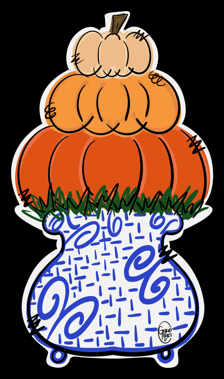 GRACIE MAE GIFTS BLUE WHITE POT WITH 3 STACKED PUMPKINS