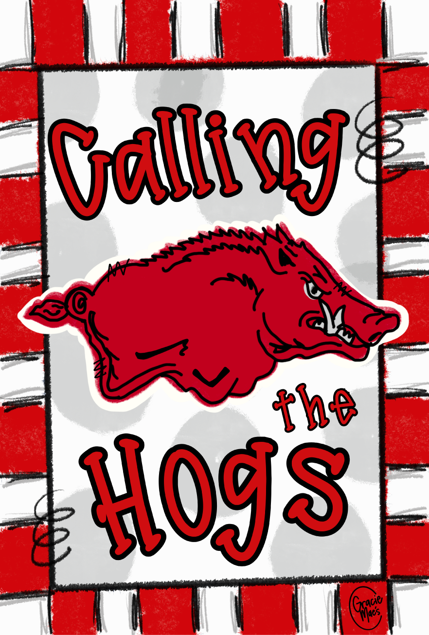 GRACIE MAE GIFTS CALLING THE HOGS RED AND WHITE WITH A BOAR HOG