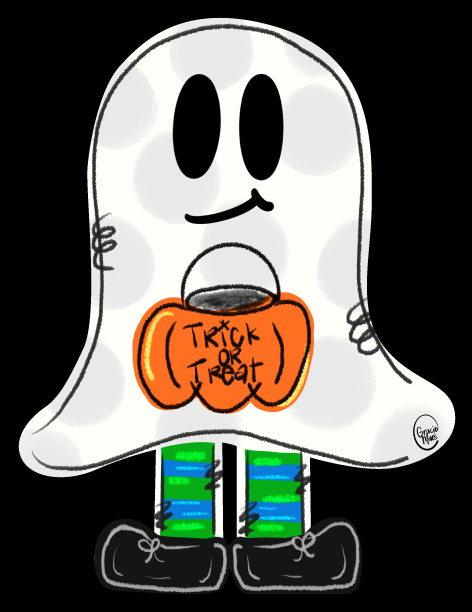 GRACIE MAE GIFTS GHOST HOLDING A TRICK OR TREAT BASKET WEARING GREEN BLUE SOCKS