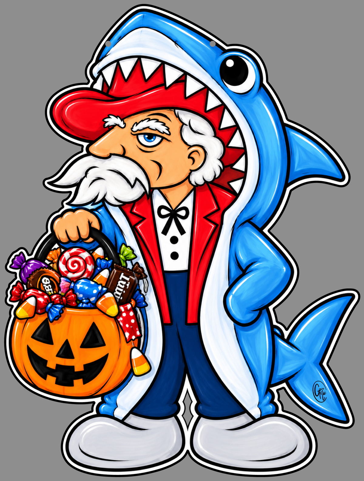 GRACIE MAE GIFTS THE GENERAL WITH A SHARK OUTFIT HOLDING A TRICK OR TREAT BUCKET