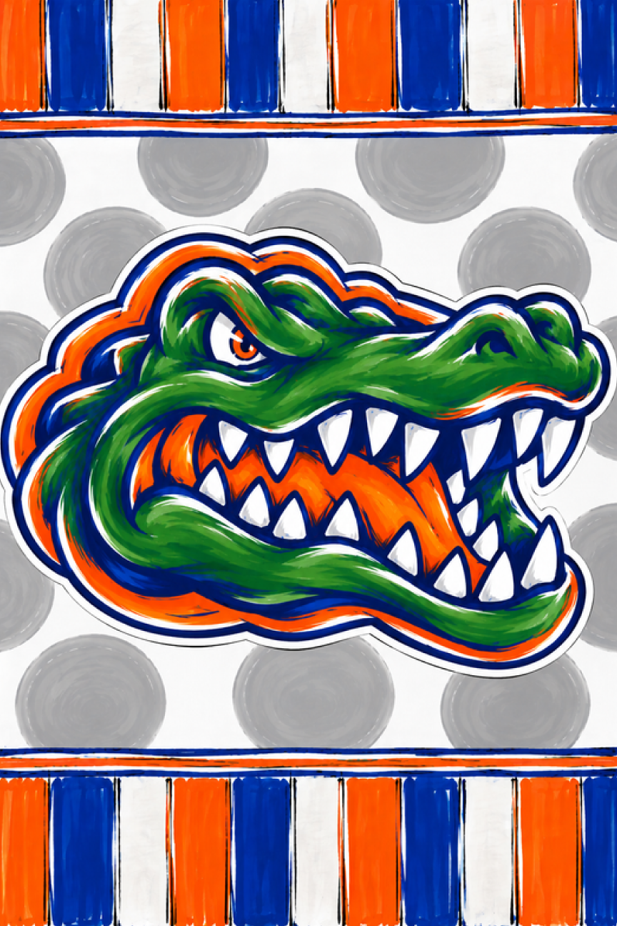 GRACIE MAE GIFTS ORANGE BLUE AND WHITE WITH A GREEN ALLIGATOR