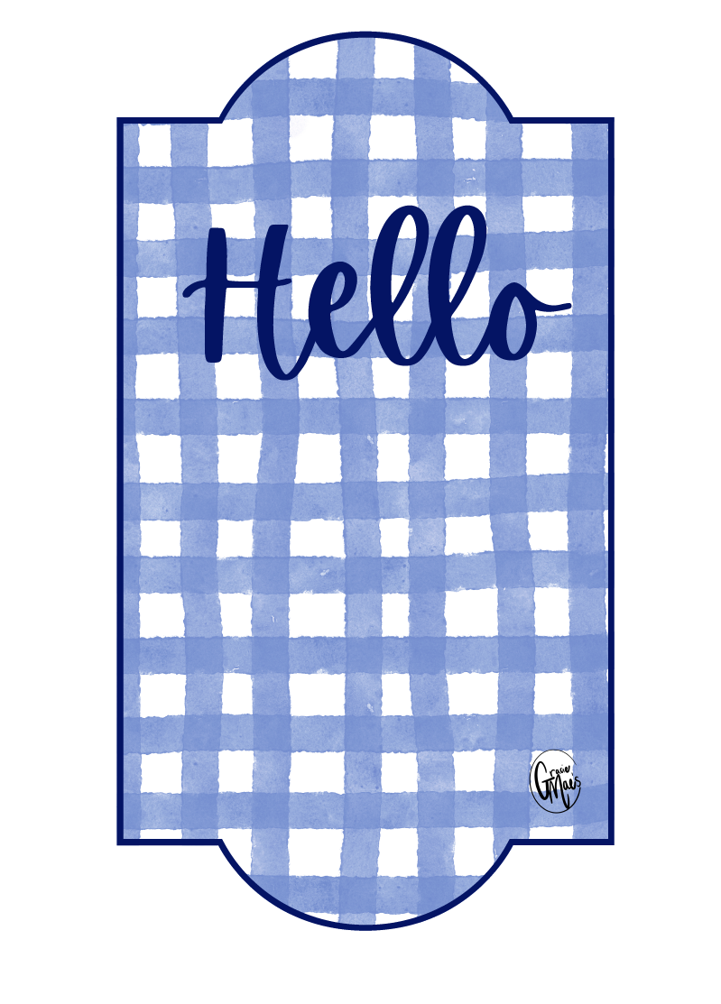 GRACIE MAE GIFTS HELLO PLAQUE BLUE AND WHIT CHECKERED