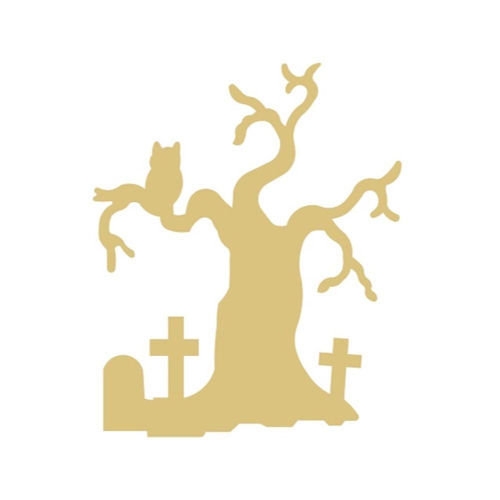 Basic Shape Tree MDF Cutout Haunted Graveyard Scene With Cat Silhouette - Unfinished For DIY