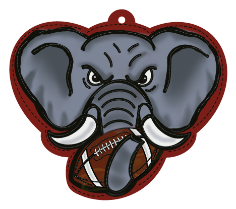 HARLEE ALSTON ORIGINALS  GREY ELEPHANT WITH FOOTBALL IN THE MOUTH AND RED OUTLINE
