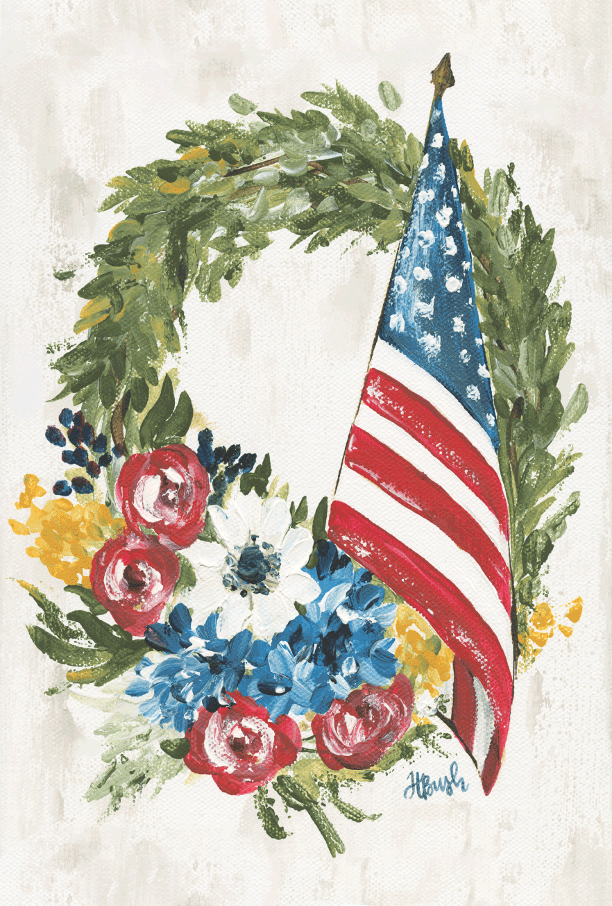 HALEY B DESIGNS  GREEN WREATH WITH FLOWERS AND AMERICAN FLAG