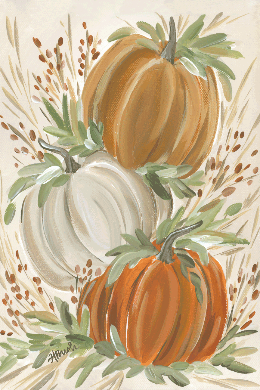 HALEY B DESIGNS THREE LARGE PUMPKINS ORANGE WHITE AND TAN