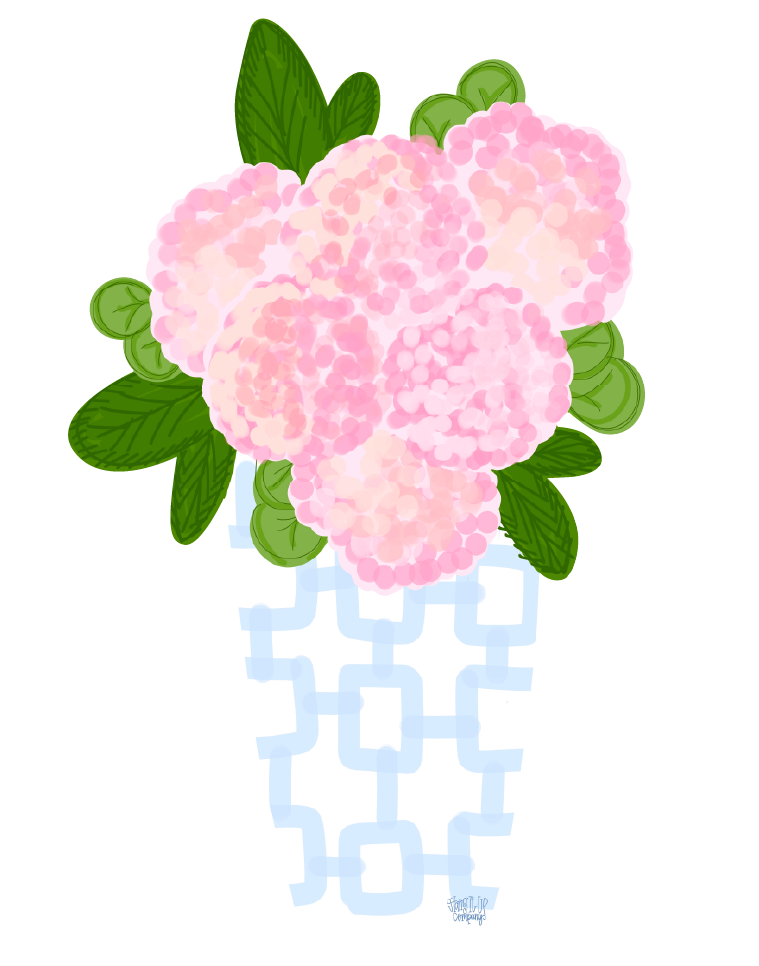 HANG IT UP CO PINK HYDRANGES WITH BLUE AND WHITE VASE