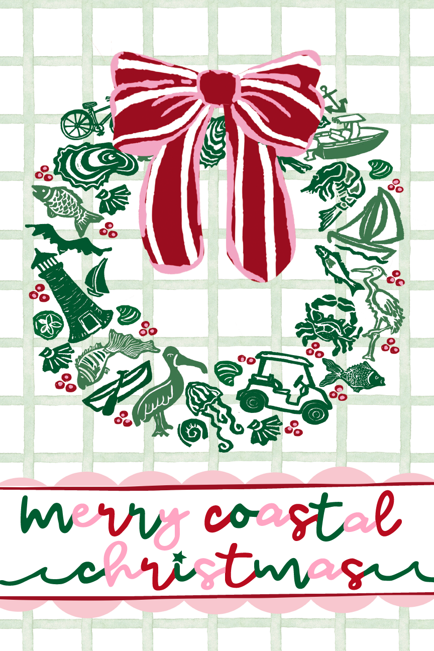 ALICE KATE BERRY GARDEN FLAG WITH A CHRISTMAS WREATH AND RED BOW WORDS MERRY COSTAL CHRISTMAS