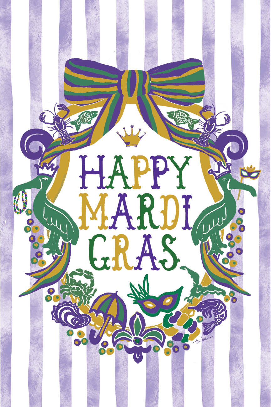ALICE KATE BERRY GARDEN FLAG HAPPY MARDI GRAS PURPLE AND WHITE