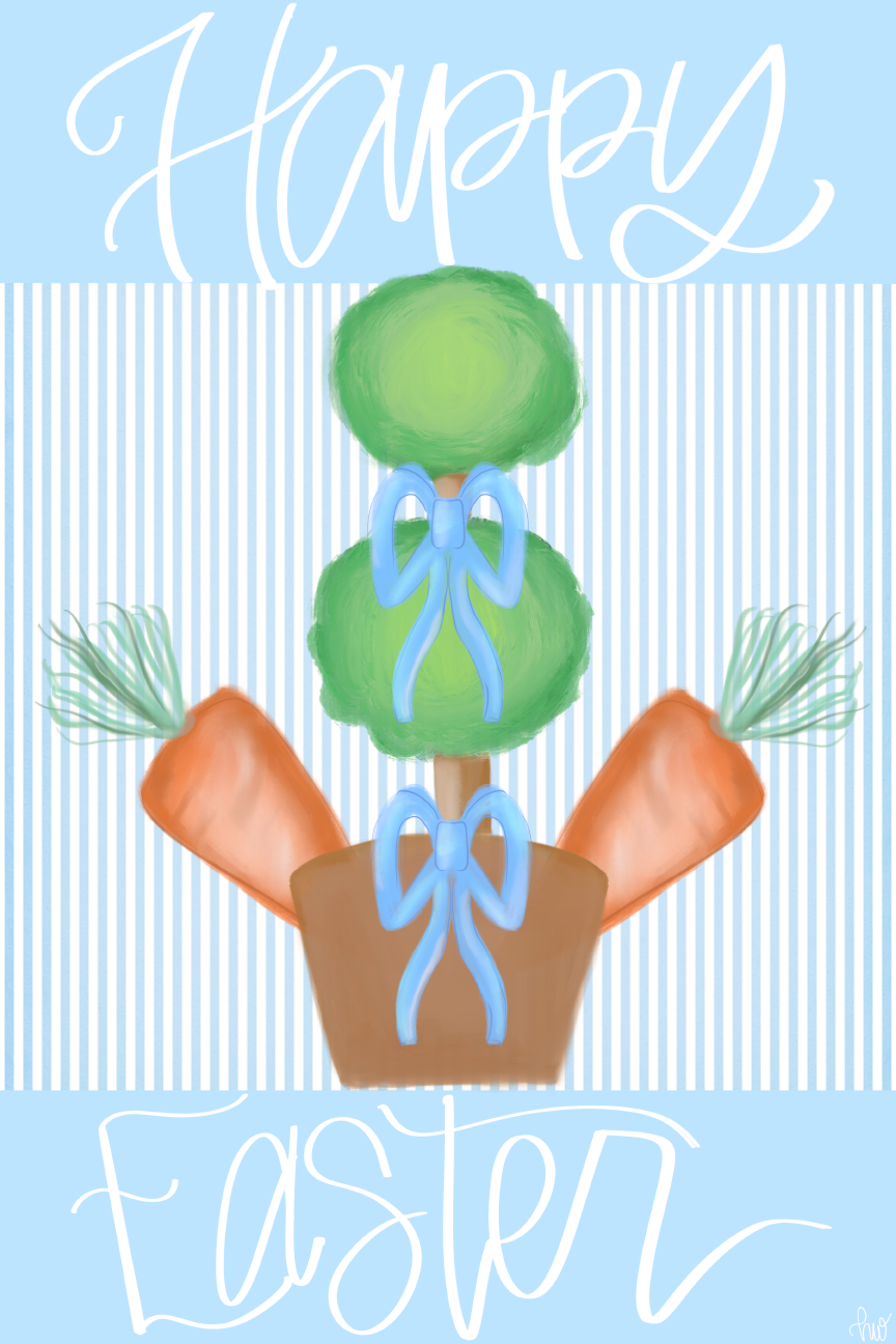 HANWRITTEN TOPIARY WITH CARROTS AND BLUE RIBBONS