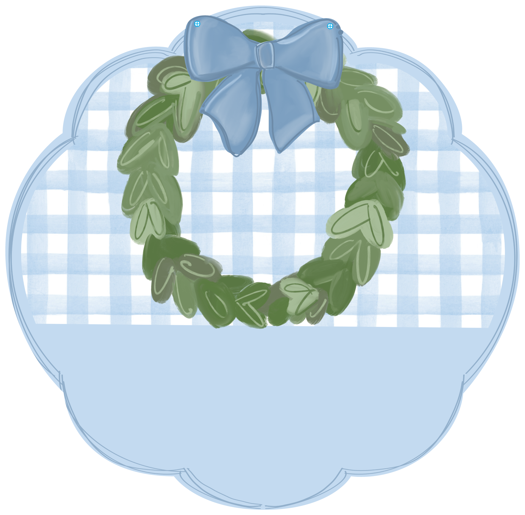 HANWRITTEN BLUE WHITE PLAQUE WITH GREEN WREATH BLUE BOW