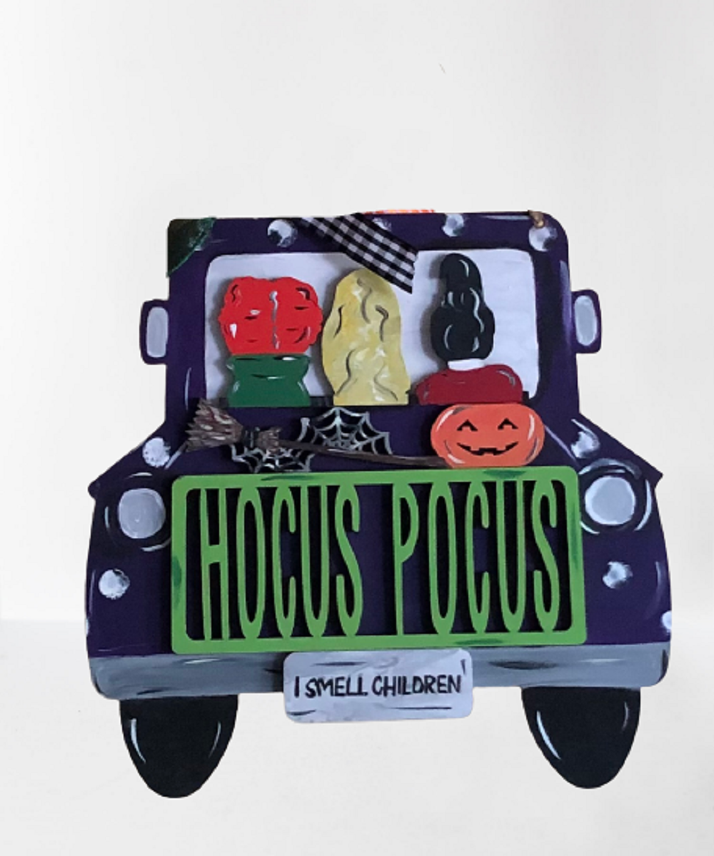 3D Design By Line Truck MDF Cutout Hocus Pocus Sign On Truck Bed With Spider Web And Pumpkin I Smell Children - Unfinished For DIY
