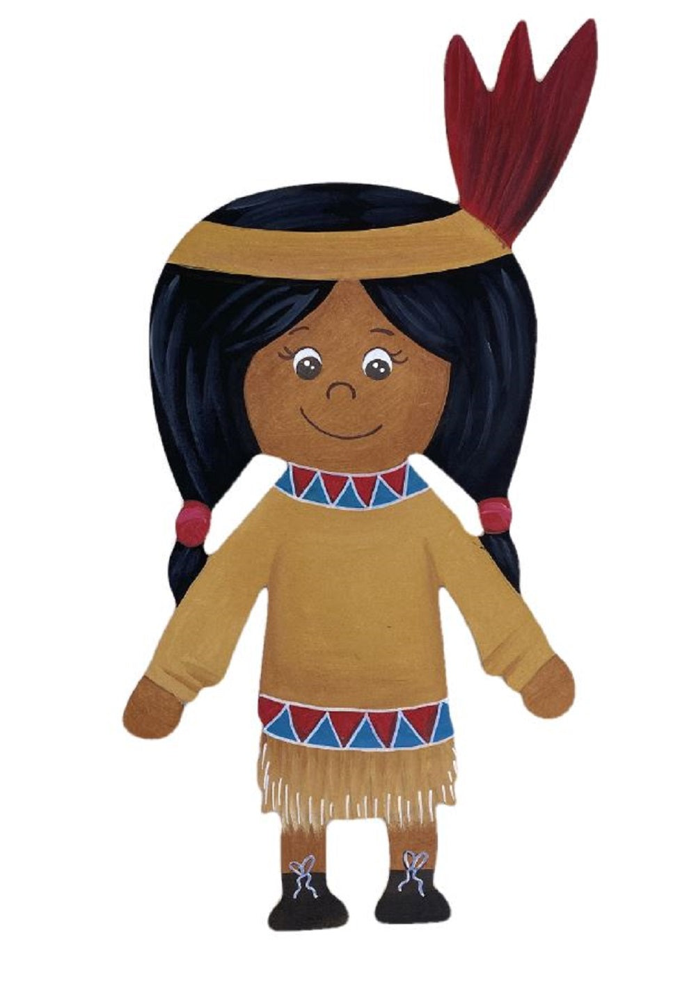 Design By Line Girl Silhouette MDF Cutout Native Headdress With Feather Beaded Braids And Fringed Dress - Unfinished For DIY