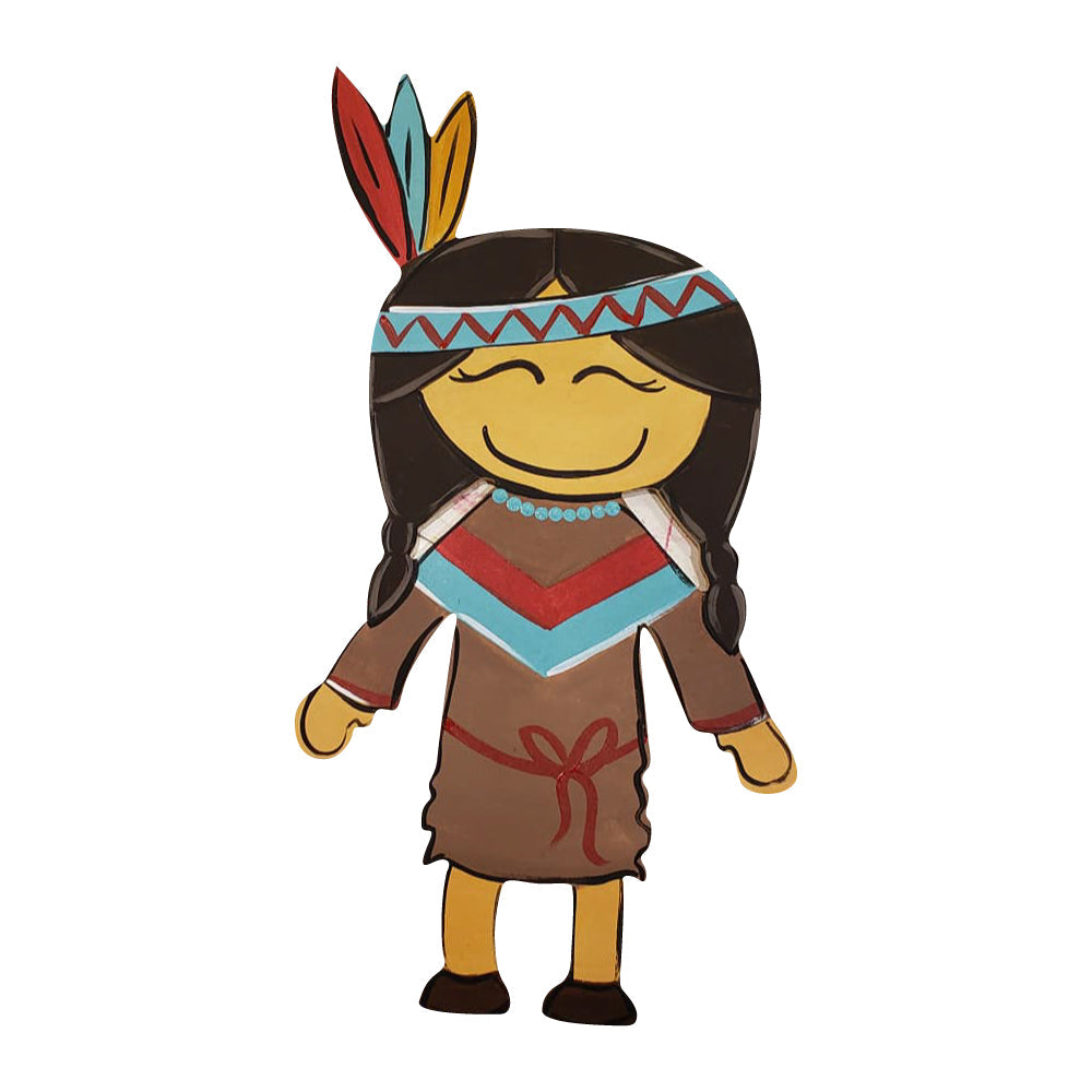 Design By Line Girl Silhouette MDF Cutout Native Headdress With Feather Beaded Braids And Fringed Dress - Unfinished For DIY