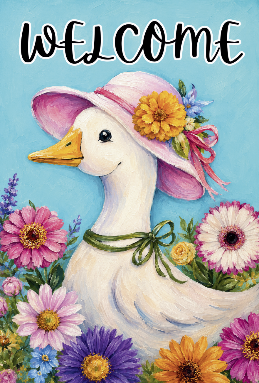 DOABLE DESIGNS BLUE BACKGROUND GOOSE WITH PINK HAT FLORAL AROUND THE GOOSE