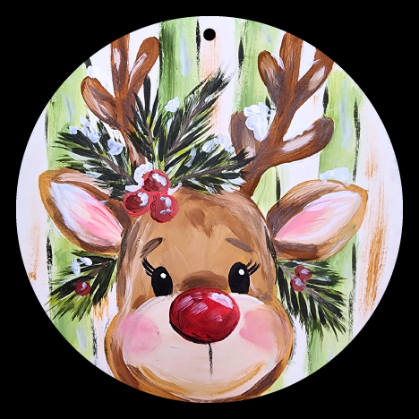 DOABLE DESIGNS ROUND GREEN AND TAN WITH REINDEER  WITH BIG RED NOSE