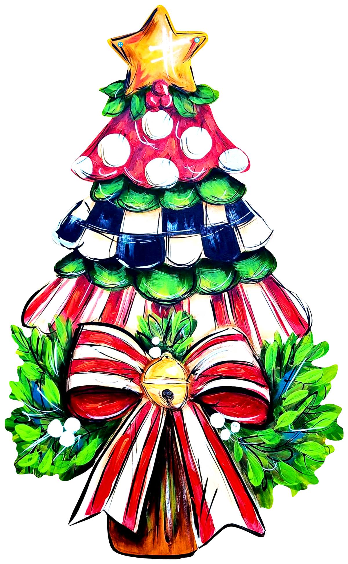 DOABLE DESIGNS CHRISTMAS TREE WITH GREEN RED WHITE AND BLUE  WITH GOLD STAR