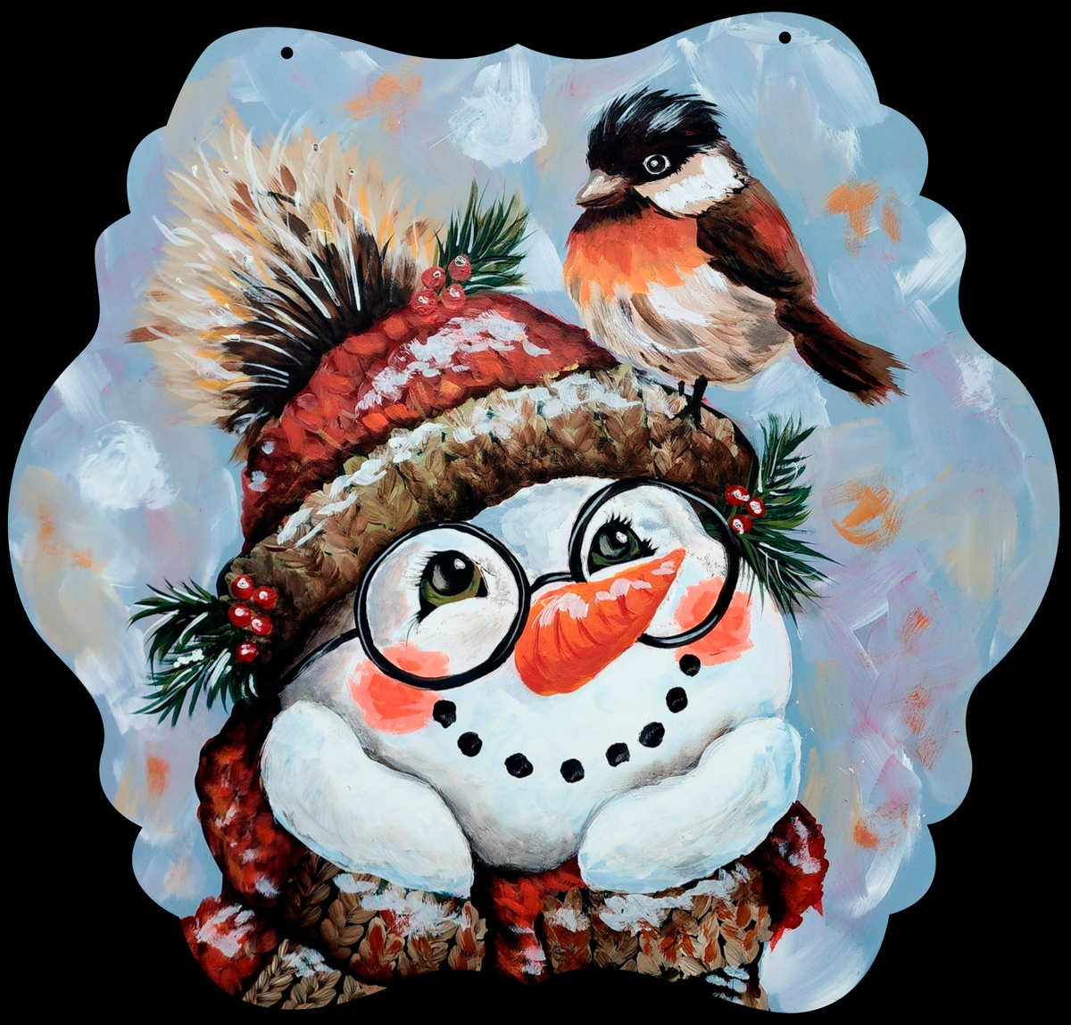 DOABLE DESIGNS SNOWMAN WITH GLASSES ON BIRD SITTING ON HAT