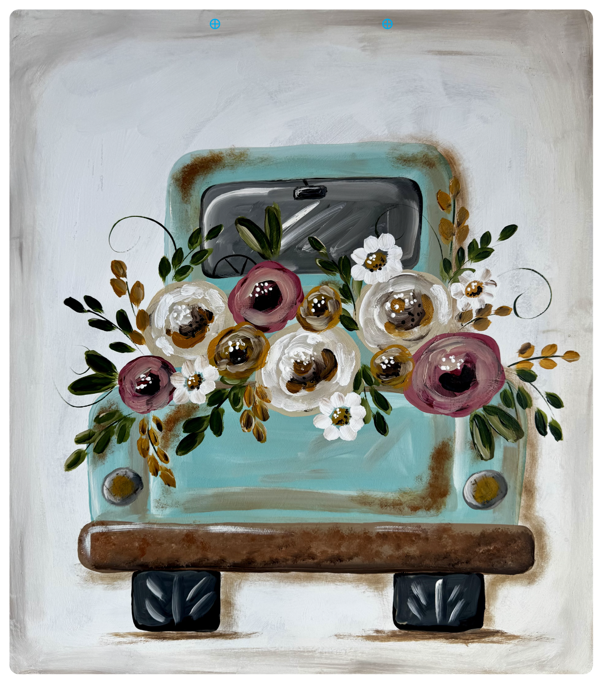 KENDA & CO TEAL OLD TRUCK WITH FLOWERS IN THE BACK