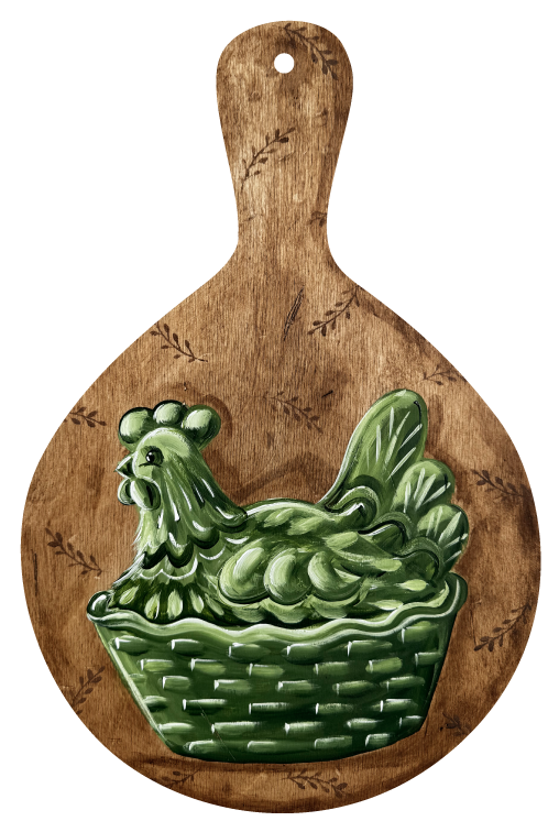 KENDA & CO CUTTING BOARD WITH GREEN CHICKEN IN BASKET