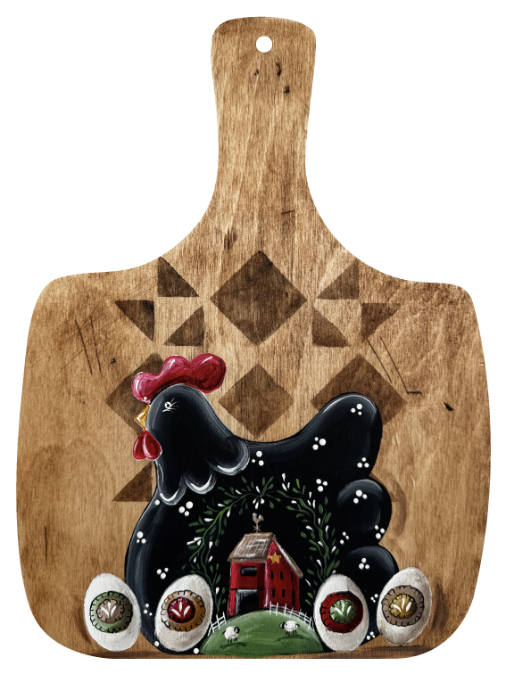 KENDA & CO CUTTING BOARD WITH BLACK CHICKEN RED HEN HOUSE