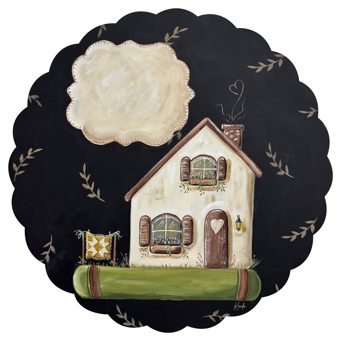 KENDA & CO TAN TINY HOUSE SITTING ON GREEN GRASS WITH TAN CLOUD