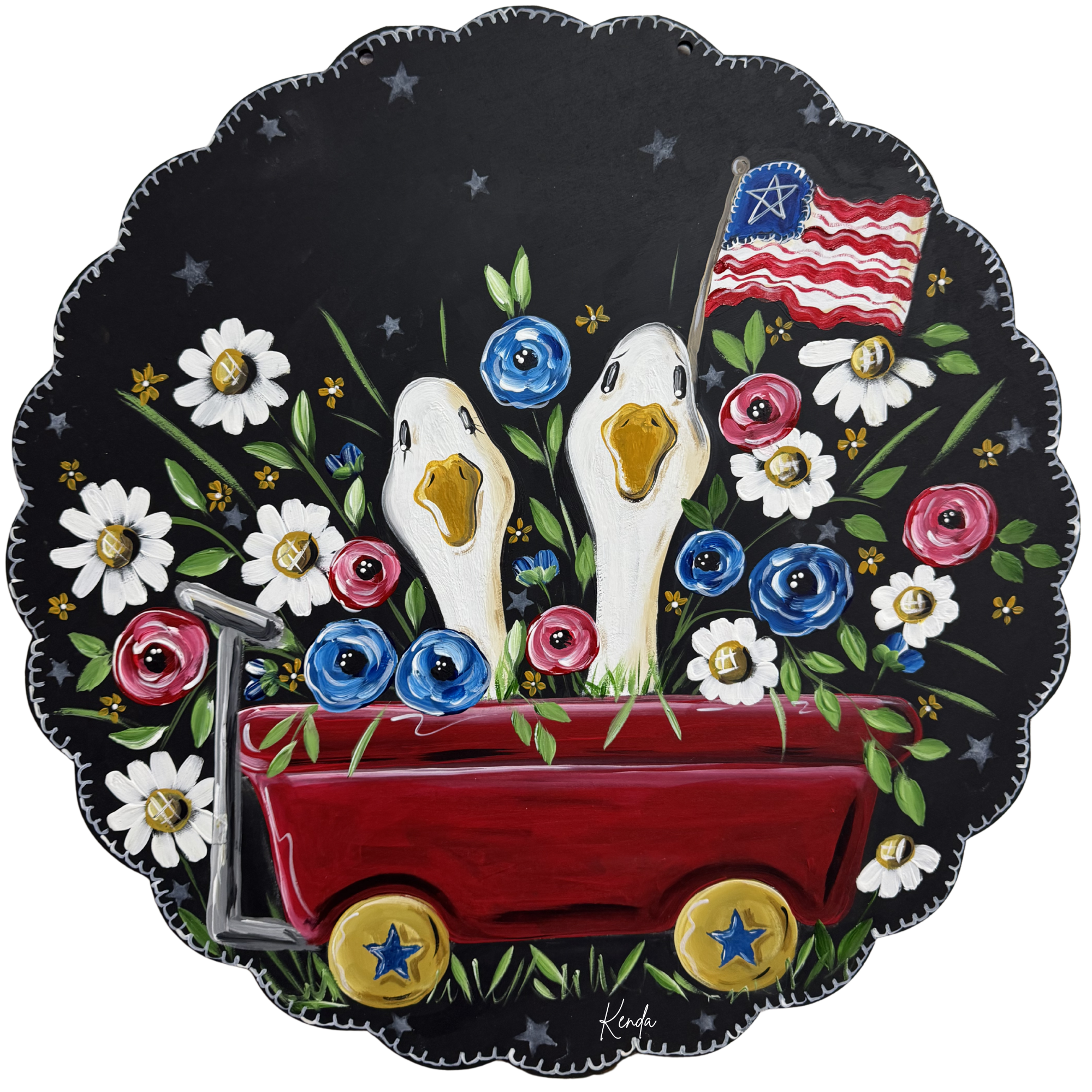 KENDA & CO ROUND TWO WHITE GEESE SITTING IN RED WAGON WITH RED WHITE BLUE FLOWERS