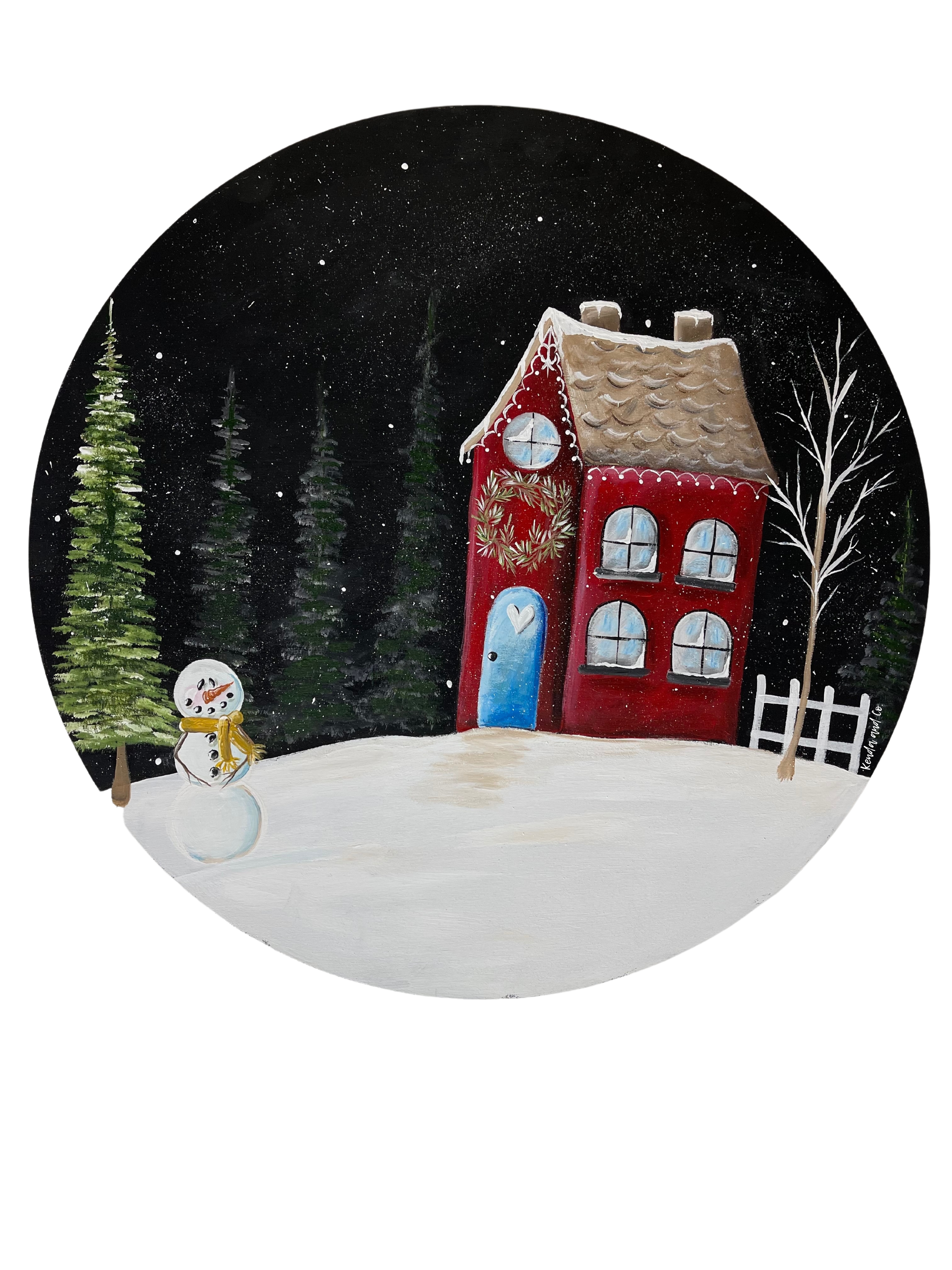 KENDA & CO CIRCLE RED HOUSE WITH SNOWMAN