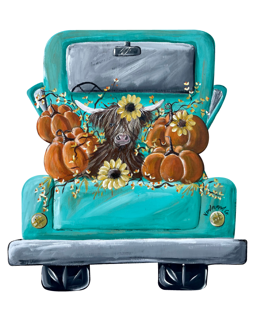 KENDA & CO FALL TRUCK WITH HIGHLAND COW AND PUMPKINS