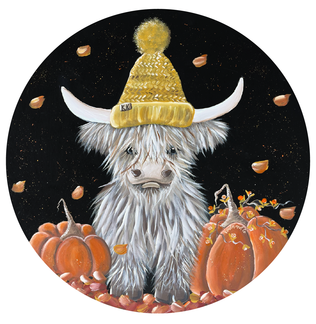 KENDA & CO FALL HIGHLAND COW WITH HAT AND PUMPKINS