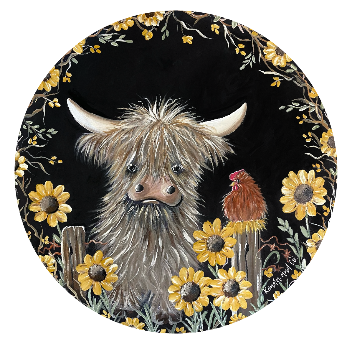 KENDA & CO HIGHLAND COW WITH FENCE AND SUNFLOWERS