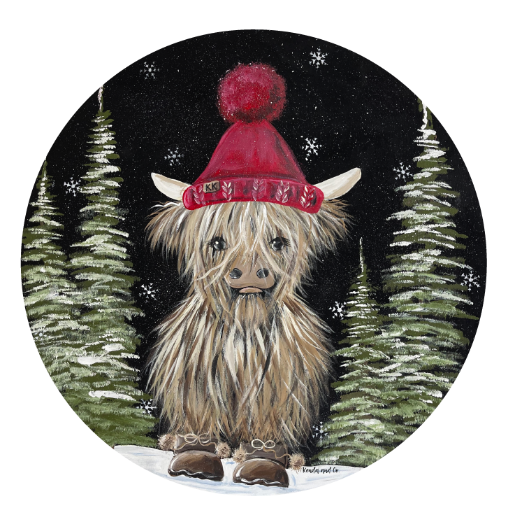 KENDA & CO CIRCLE COW WITH RED HAT AND TREES