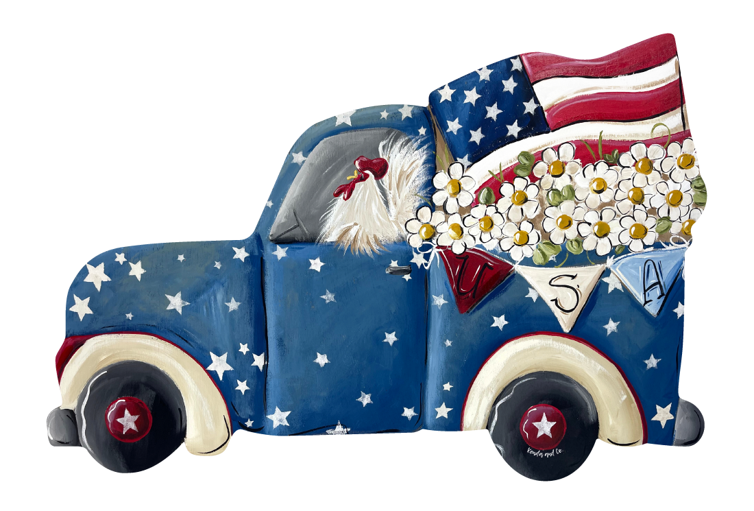 KENDA & CO BLUE TRUCK WITH CHICKEN, FLAG AND DAISY FLOWERS IN TRUCK BED